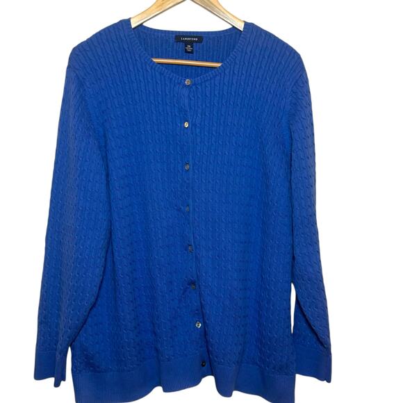 Lands End Plus Size 3X 100% Supima Cotton Royal Blue Cable Knit Cardigan Sweater - Picture 2 of 8